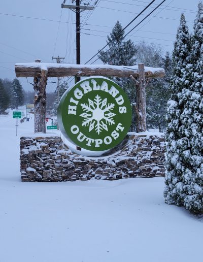 Sign in winter for Highlands Outpost near Clemson, SC.