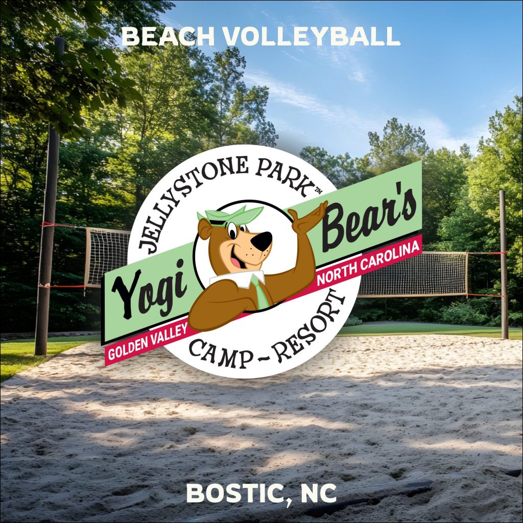 Beach volleyball court surrounded by trees at Jellystone park near Asheville, NC.