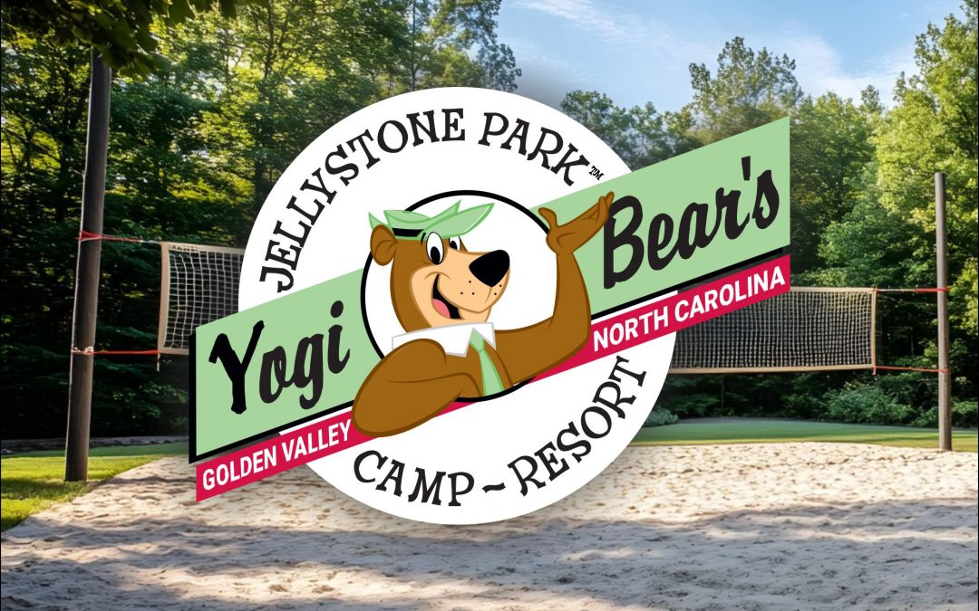 Beach volleyball court surrounded by trees at Jellystone park near Asheville, NC.