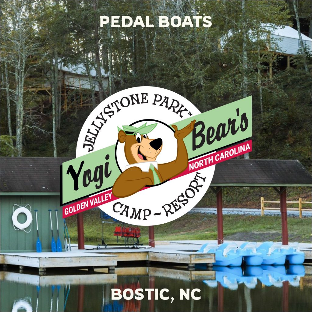 Pedal boats for rent at lake at Jellystone Park near Black Mountain, NC.