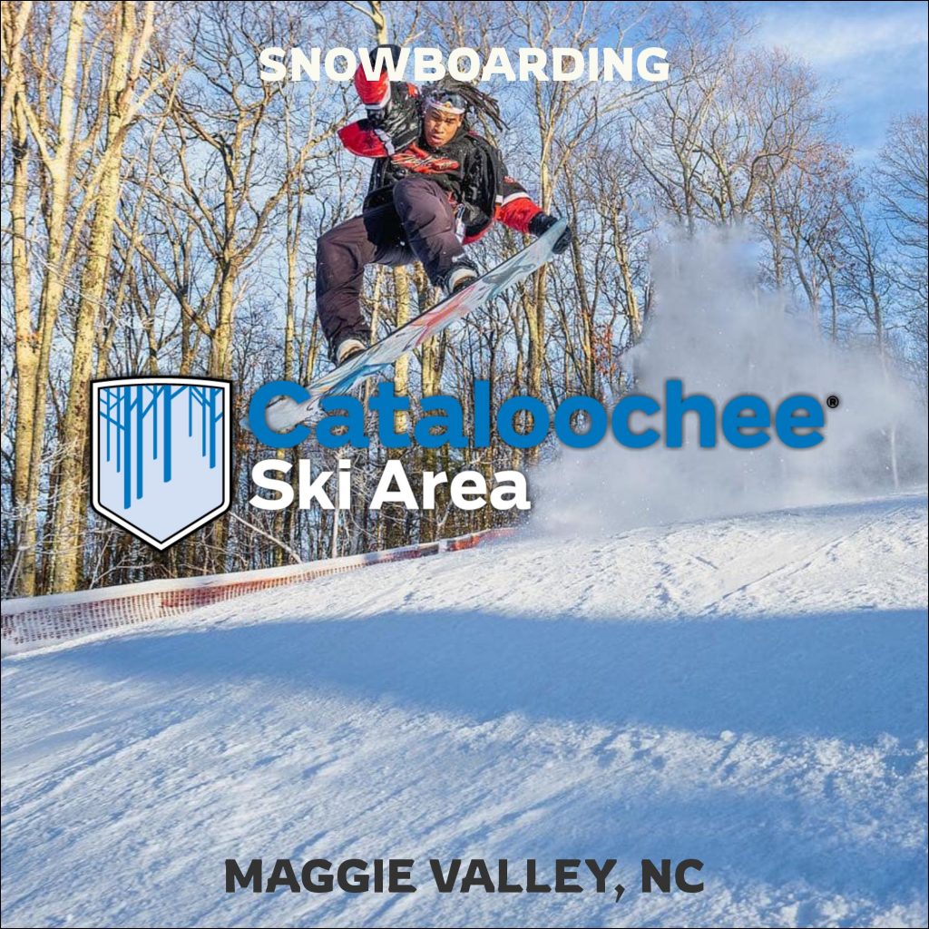 Man snowboarding at Cataloochee ski area in Maggie Valley, NC.