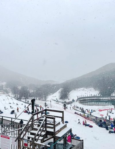 Overview of largest snow tubing park on east coast, Hawksnest near Asheville, NC.