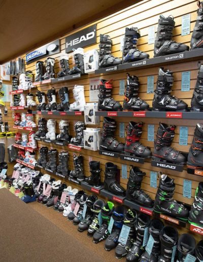 Ski and snowboard boots at ski shop in Blowing Rock, NC.