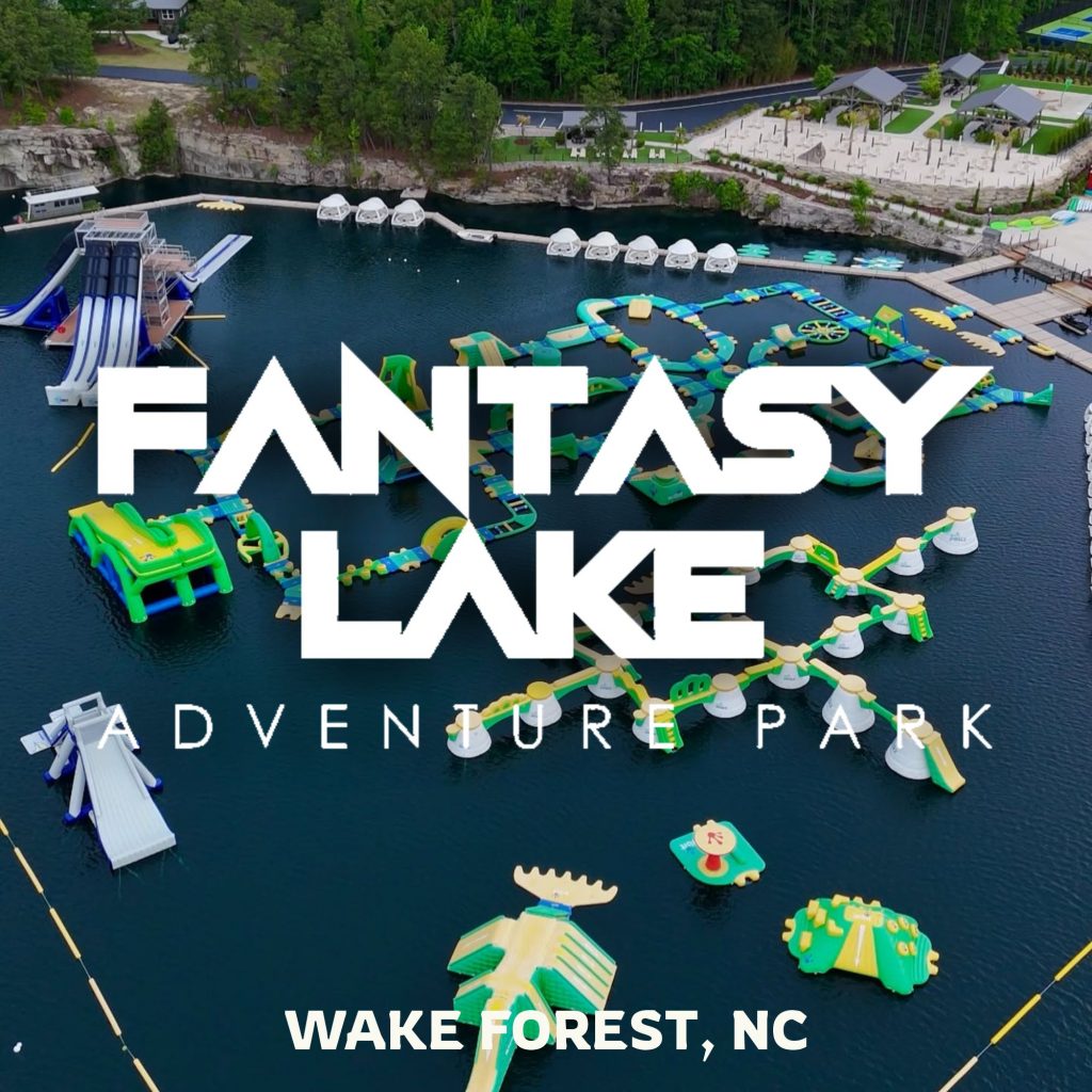 Aerial view of Fantasy Lake Adventure Park and water attractions in Wake Forest North Carolina