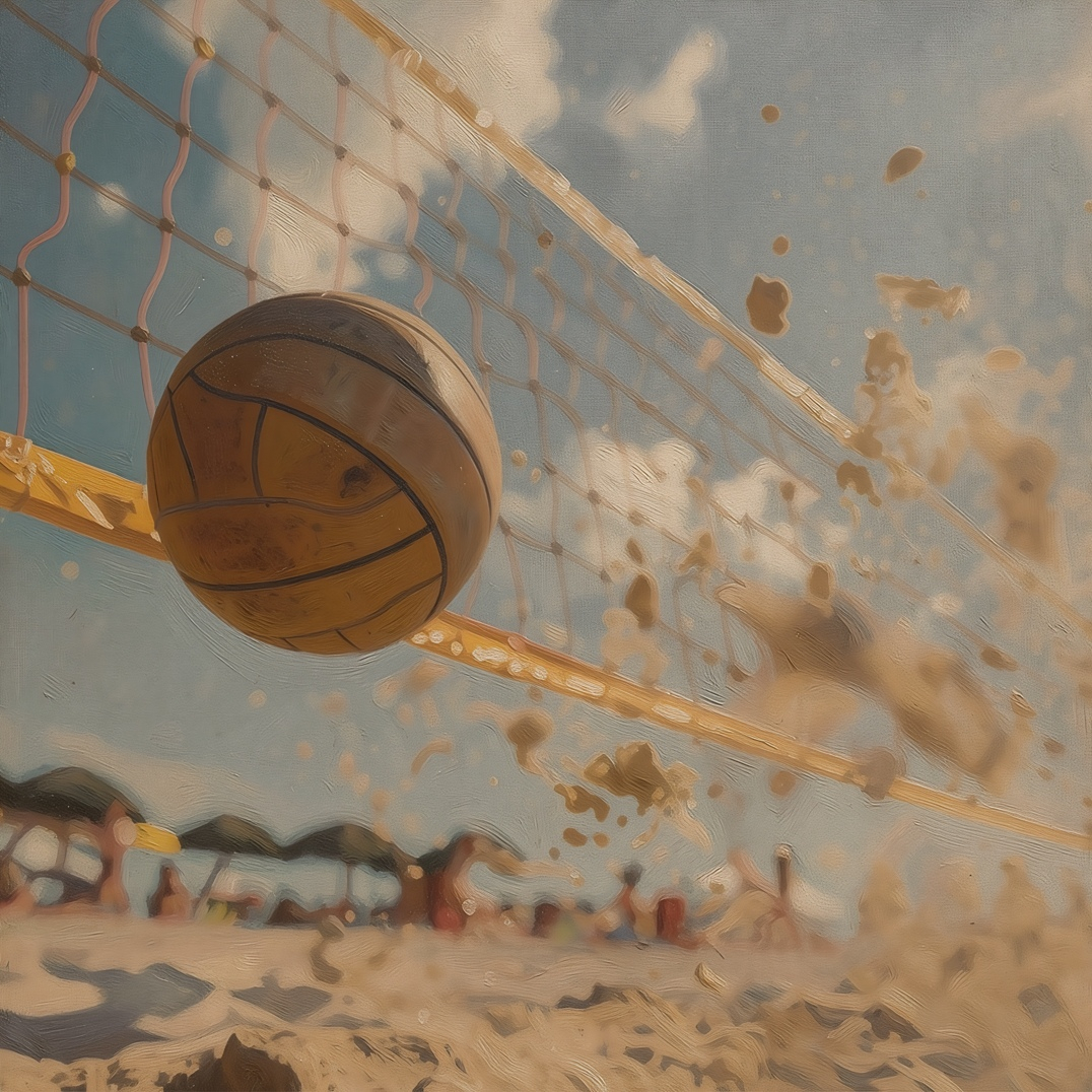 Beach volleyball net and ball.