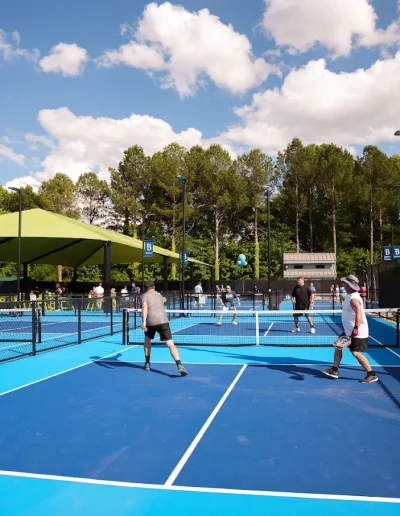 Doubles pickleball match at Burlington City Park.