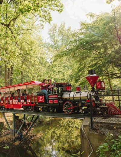 Burlington City Park miniature train crossing a bridge through the woods.
