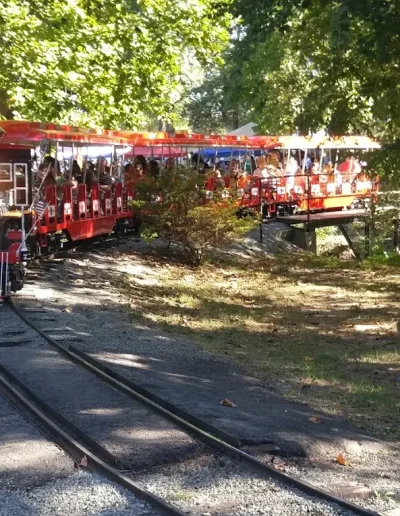 Red miniature train approaching on a wooded track at Burlington City Park.
