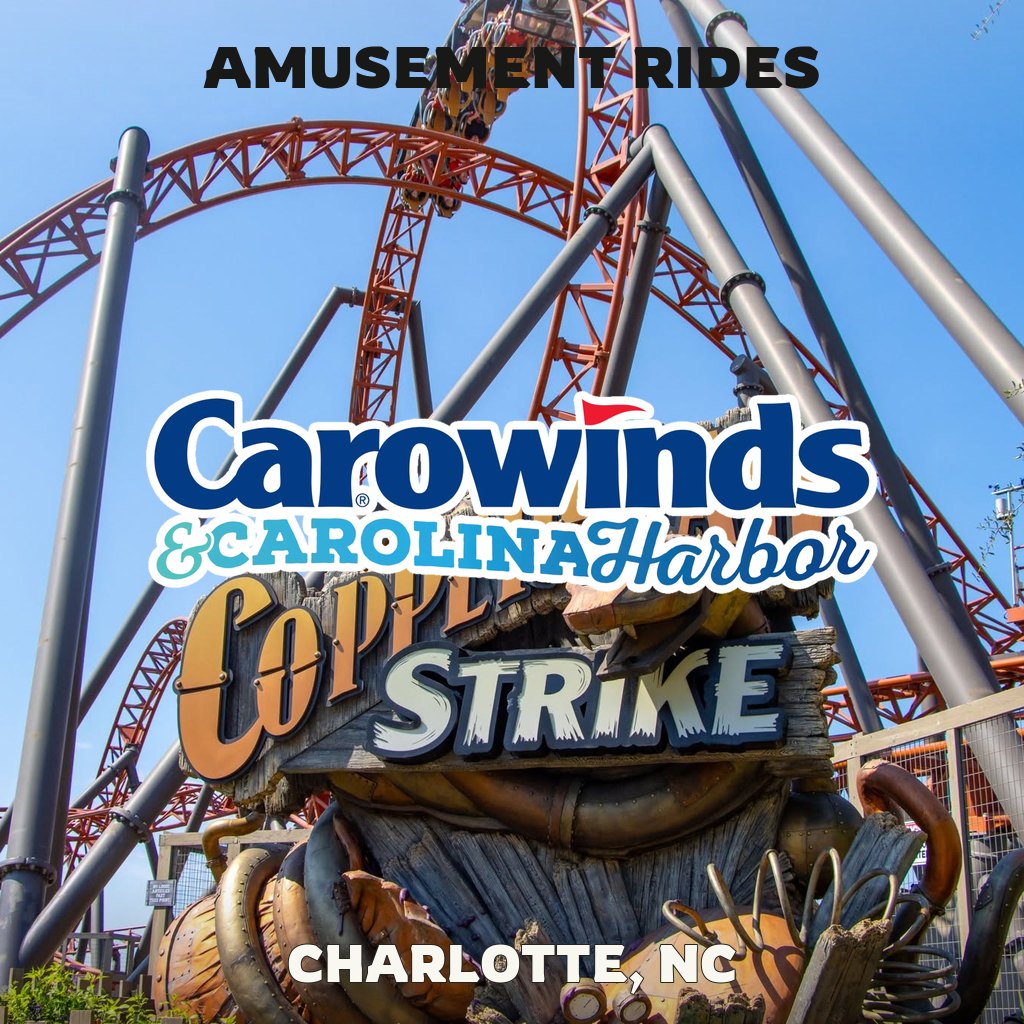 Amusement rides at Carowinds in Charlotte NC with coaster and Carowinds logo