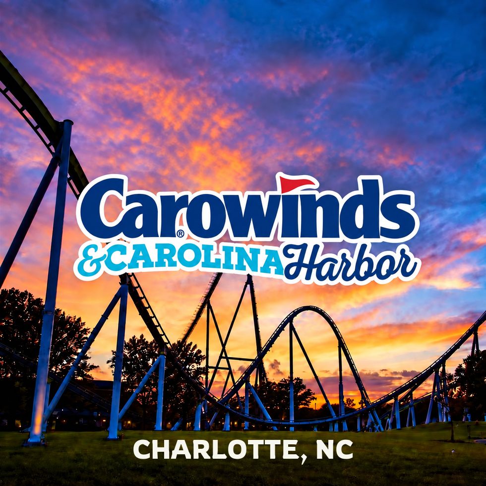 Carowinds roller coaster at sunset in Charlotte, North Carolina