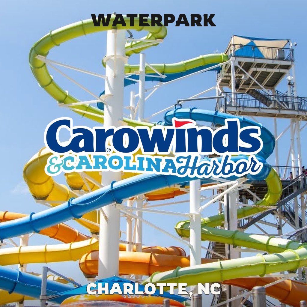 Waterpark at Carowinds in Charlotte, NC, with colorful water slides and the Carowinds logo