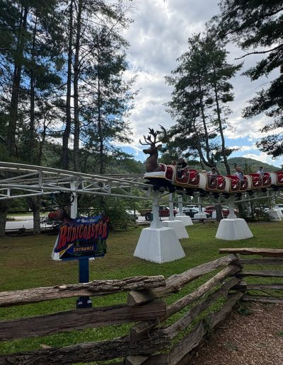 Riders aboard the reindeer-themed Rudicoaster at Santa’s Land in Cherokee, NC