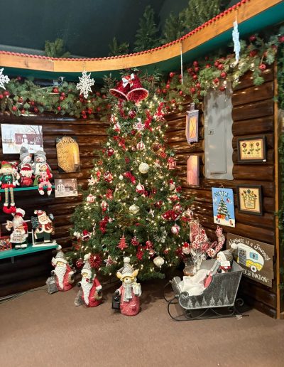 Decorated Christmas tree inside a holiday shop at Santa’s Land in Cherokee, NC