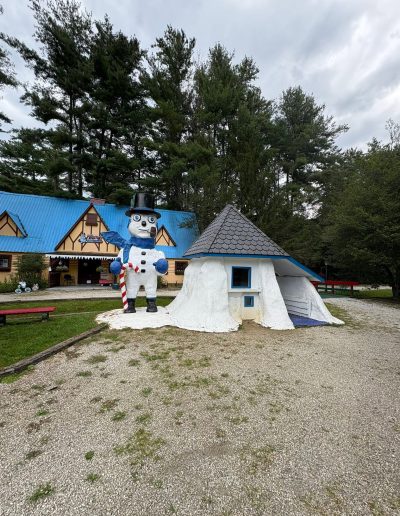 Colorful themed buildings under pine trees at Santa’s Land in Cherokee, NC