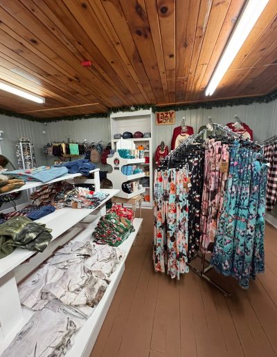 Clothing and souvenirs displayed in a Santa’s Land shop in Cherokee, NC