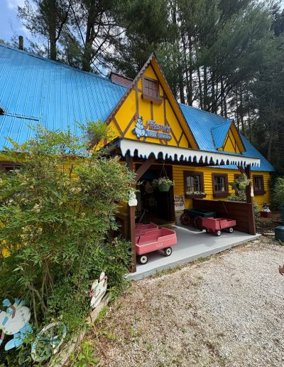 Blue-roofed themed building at Santa’s Land in Cherokee, NC