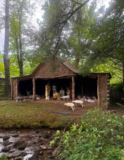Rustic nativity stable and figurines beneath trees at Santa’s Land in Cherokee, NC