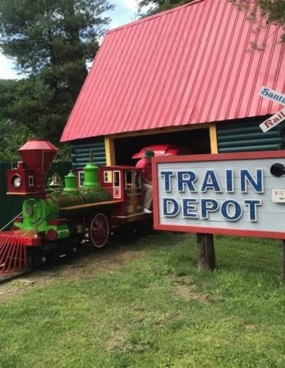 Santa’s Express locomotive outside the Train Depot at Santa’s Land in Cherokee, NC
