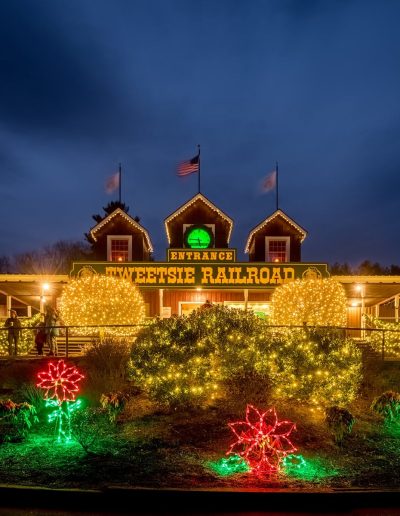 Tweetsie Railroad entrance decorated for Christmas