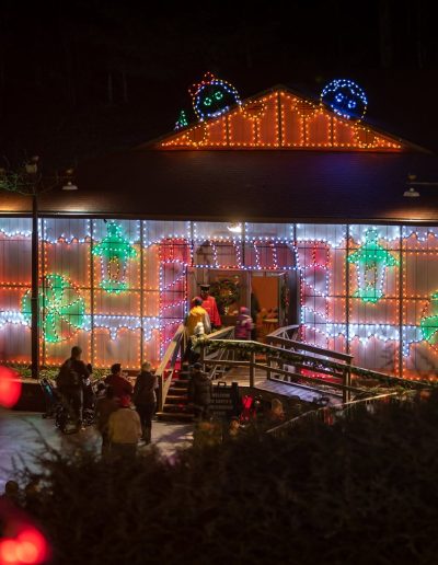 Tweetsie Christmas train and station covered in holiday lights
