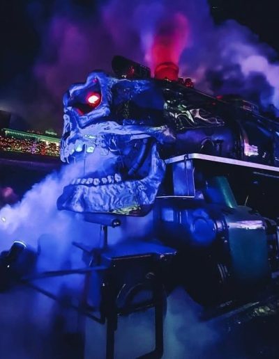 Skull-faced Ghost Train locomotive at Tweetsie Railroad