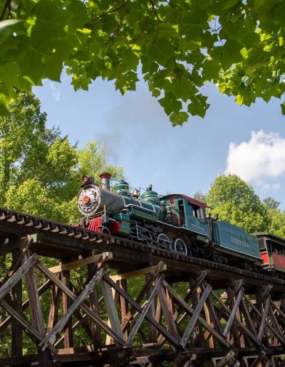 Tweetsie Railroad steam train crossing a wooden trestle