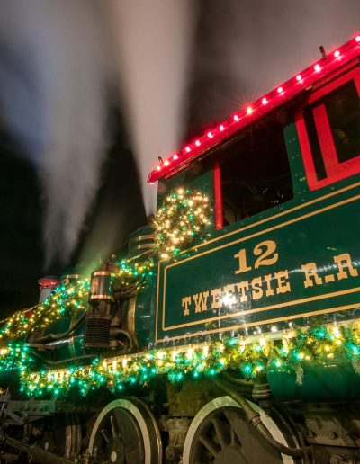 Tweetsie Railroad locomotive No. 12 decorated for Christmas