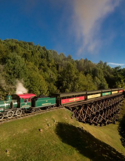 Tweetsie Railroad steam train and wooden trestle