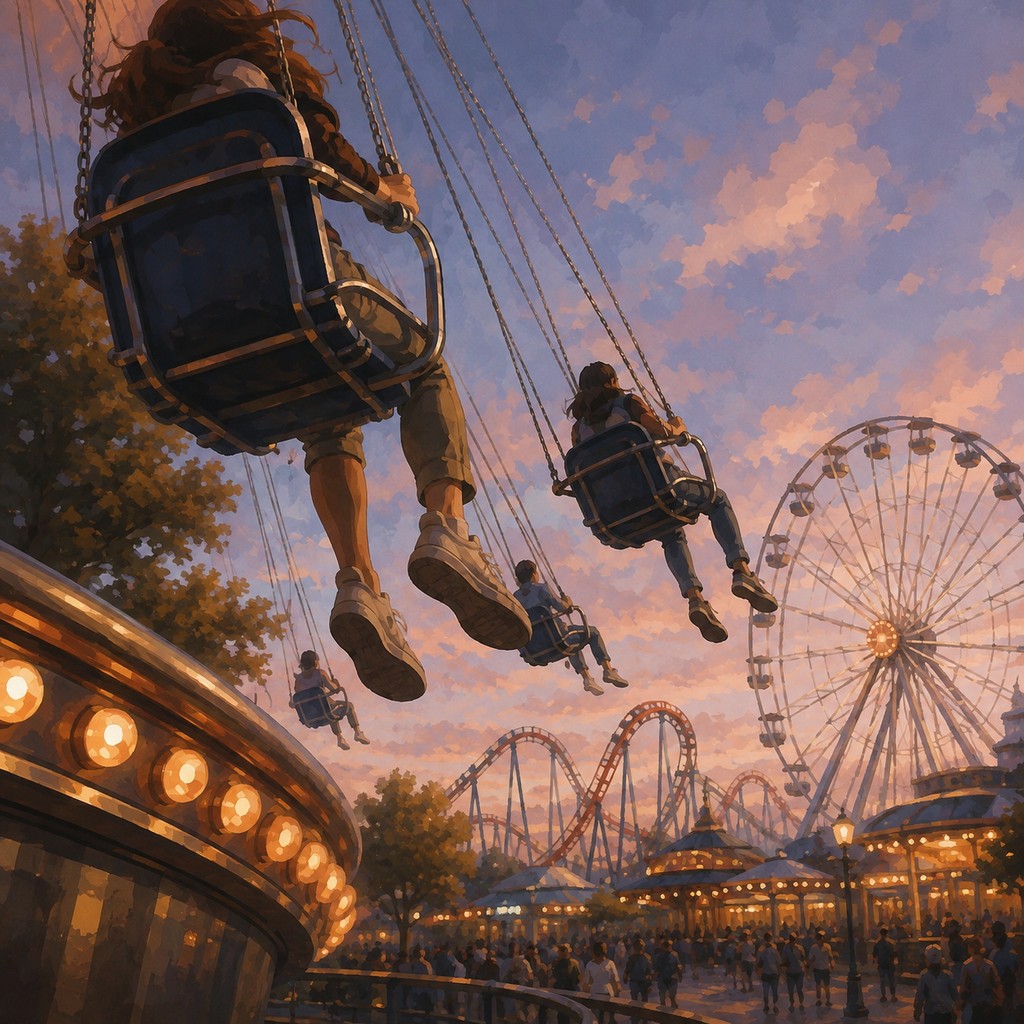Riders soaring on a swing ride above a lively amusement park at twilight.