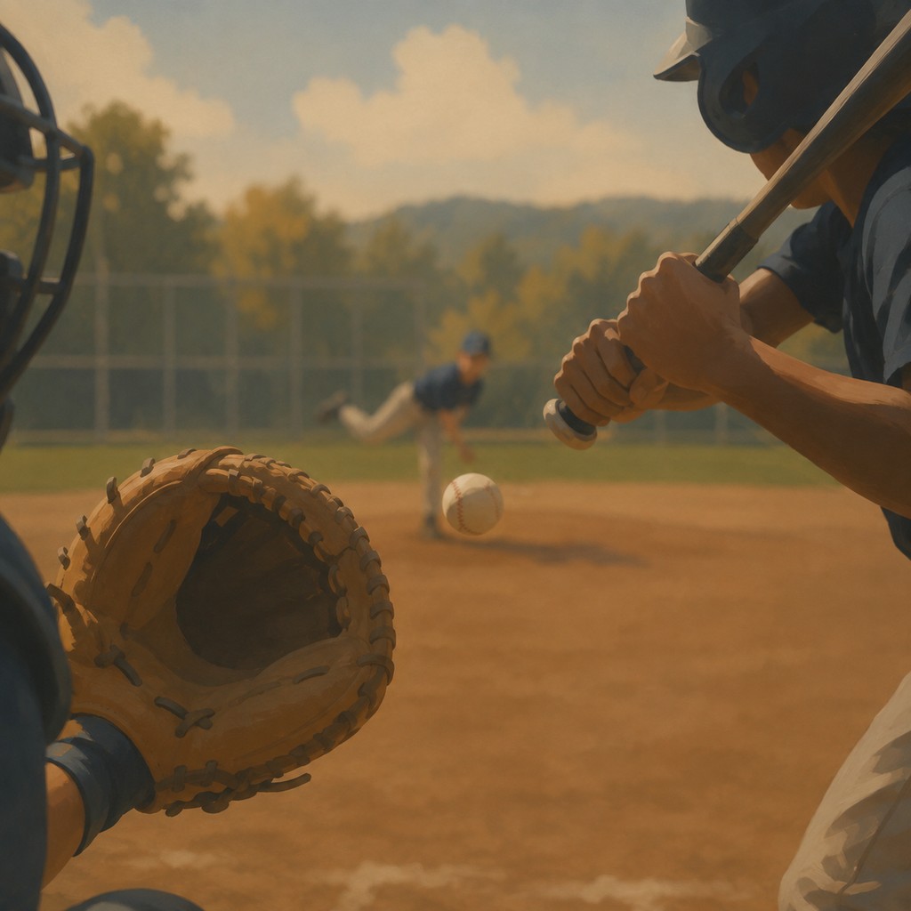 Extreme close-up of a baseball player batting at a maintained outdoor field