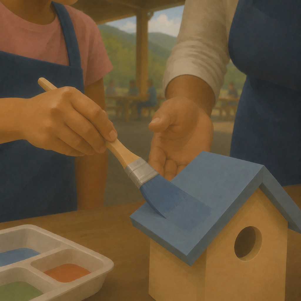 Close-up view of a guest painting a wooden birdhouse during an instructor-led crafts activity
