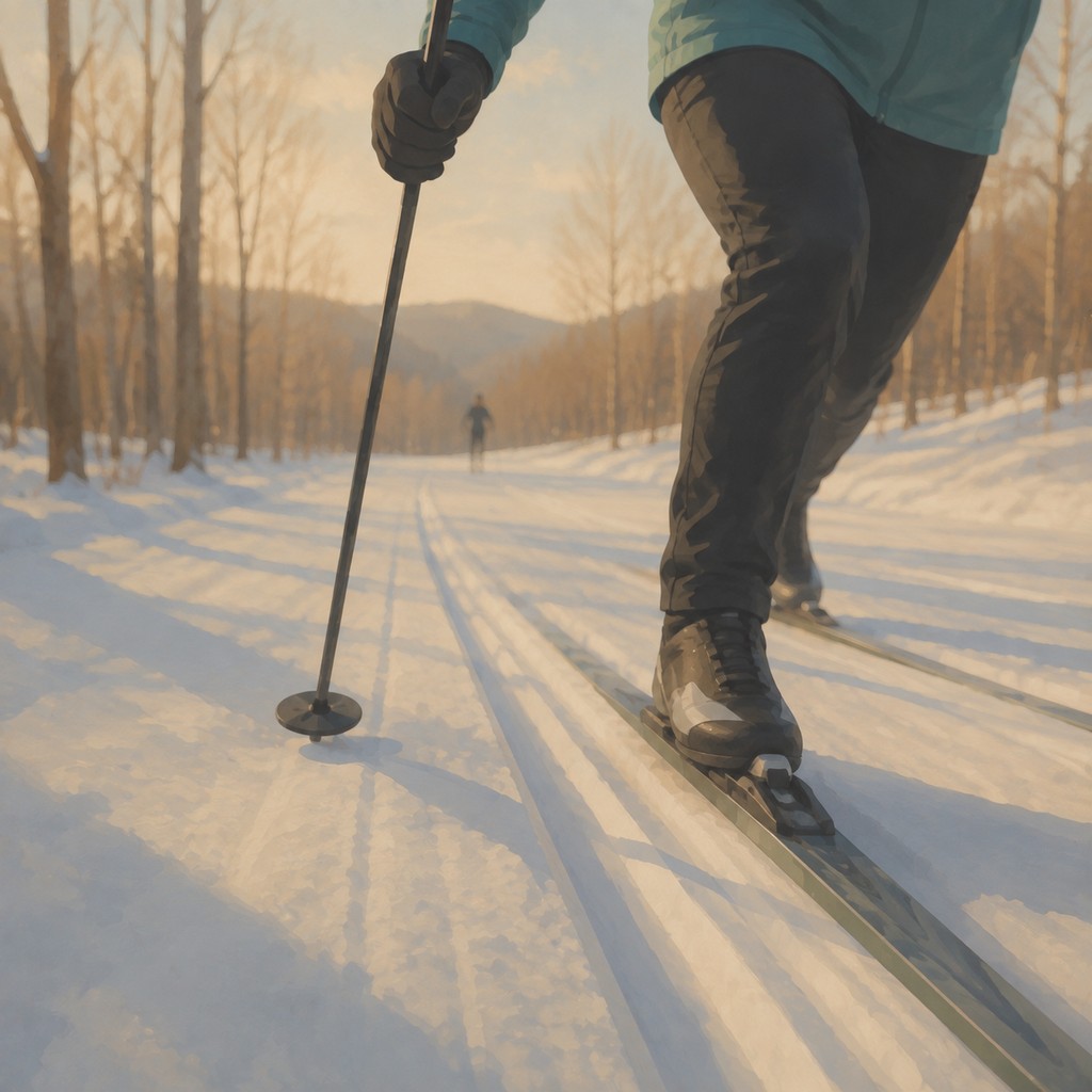 Low-angle view of a cross-country skier gliding along an Appalachian trail