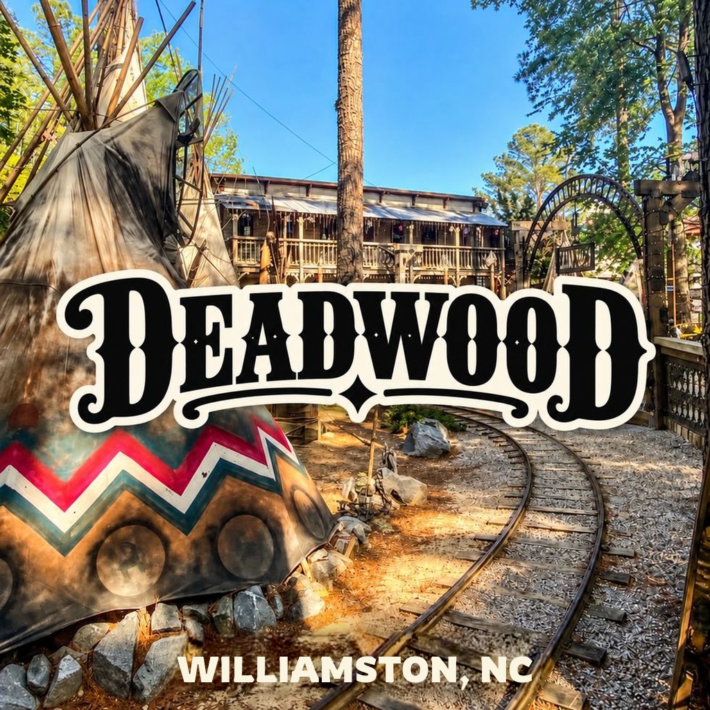Deadwood Western attraction in Bear Grass, North Carolina, with Deadwood logo and Williamston location