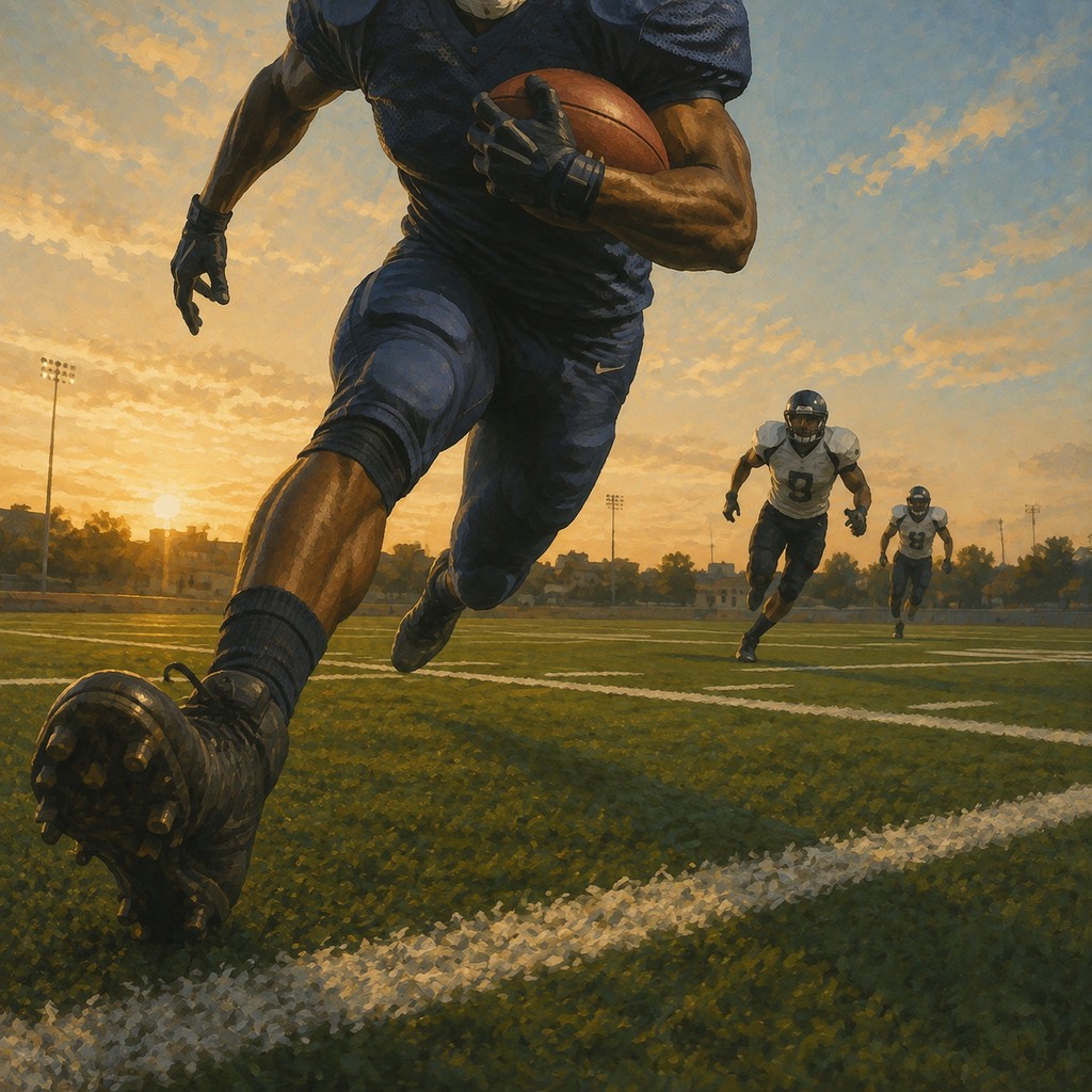 A football player running the sideline on a city recreation field at sunset.