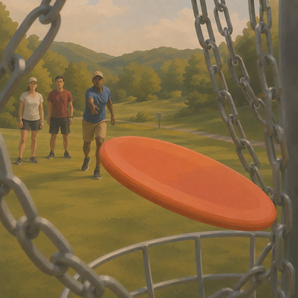 Close-up view of a disc reaching the chains during a Frisbee Golf game in the Appalachian hills