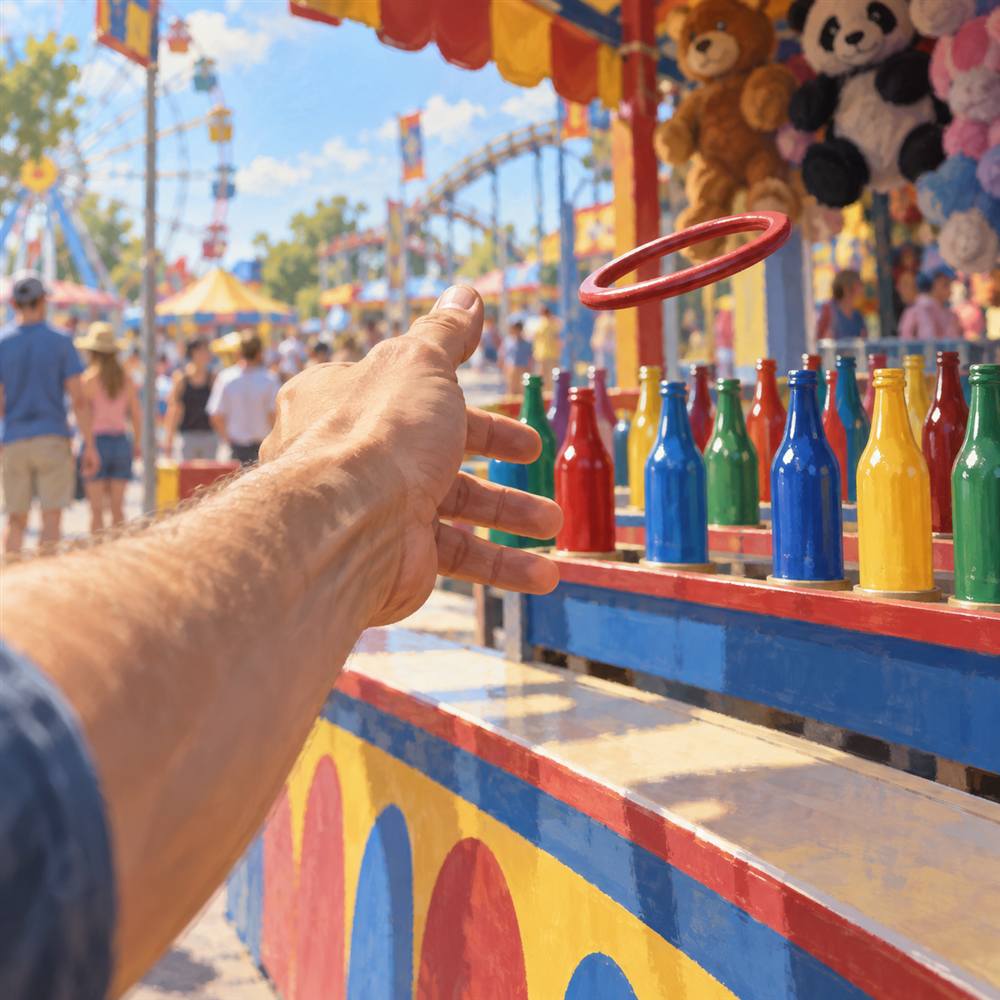 Close-up ring toss at an outdoor amusement park midway.