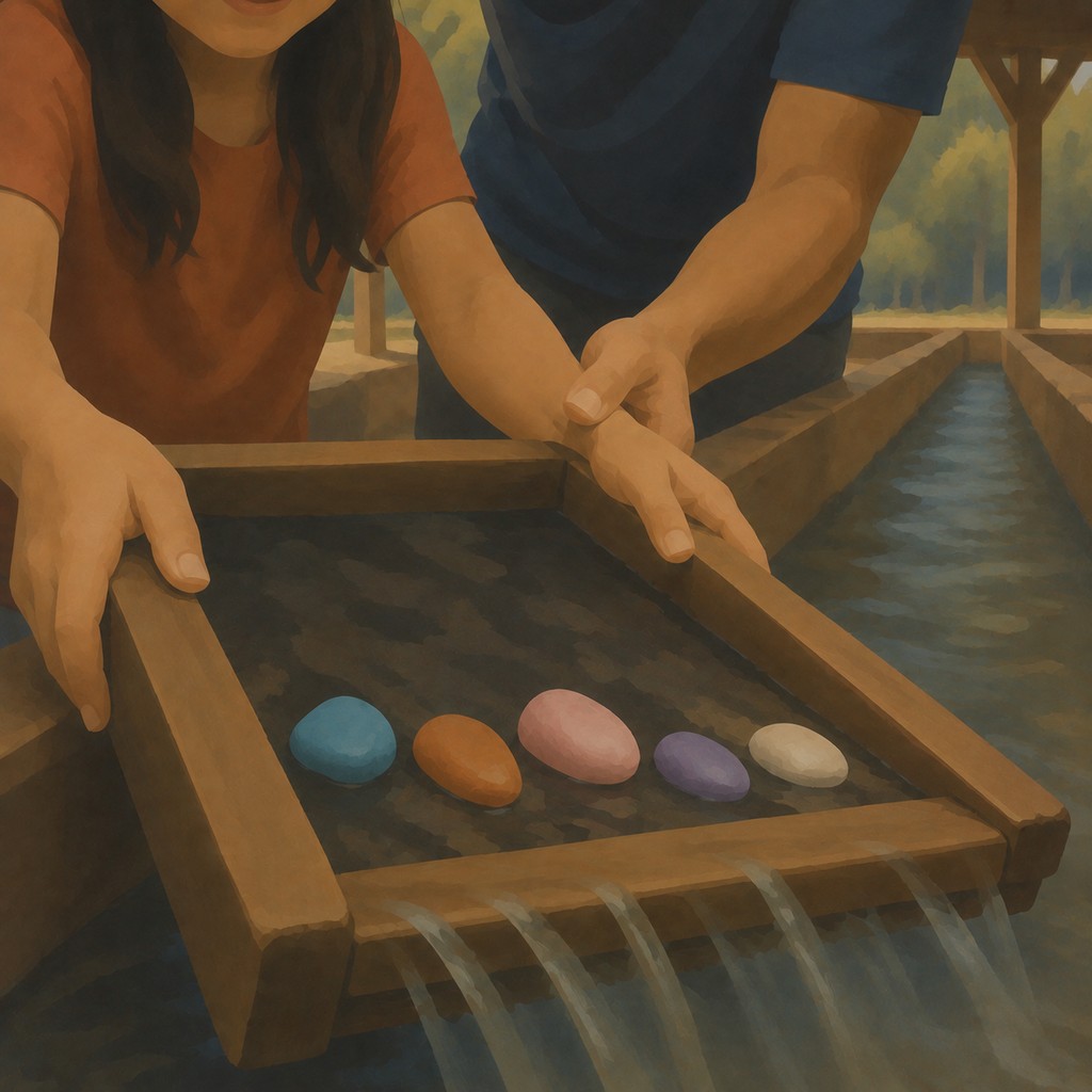 Close-up view of a father and daughter discovering colorful stones in a gem-mining flume