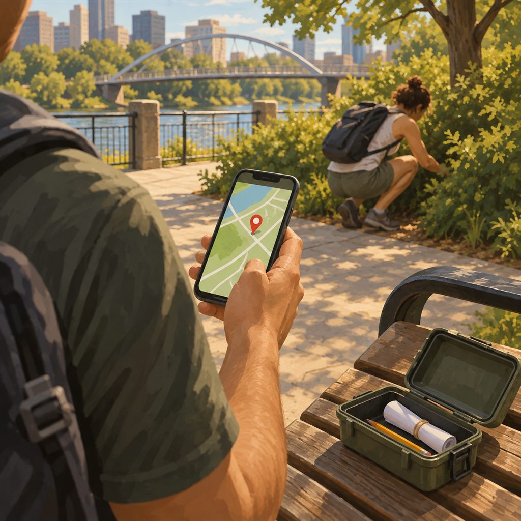 A geocacher follows a smartphone map toward a cache beside an urban riverfront greenway.