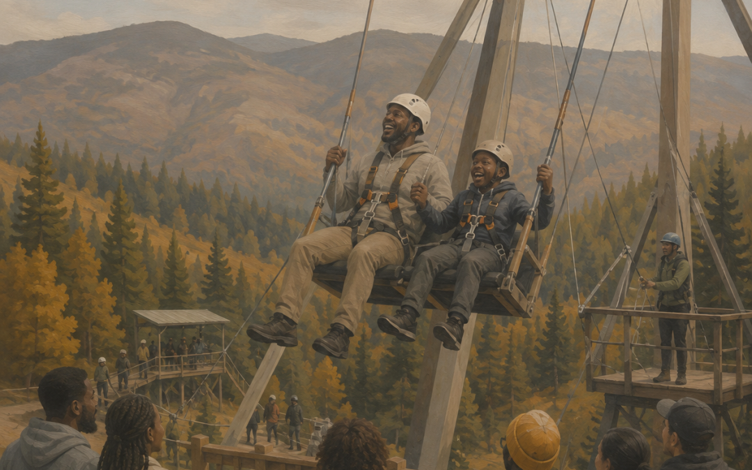 Guests riding a giant swing at a professionally operated mountain adventure park.
