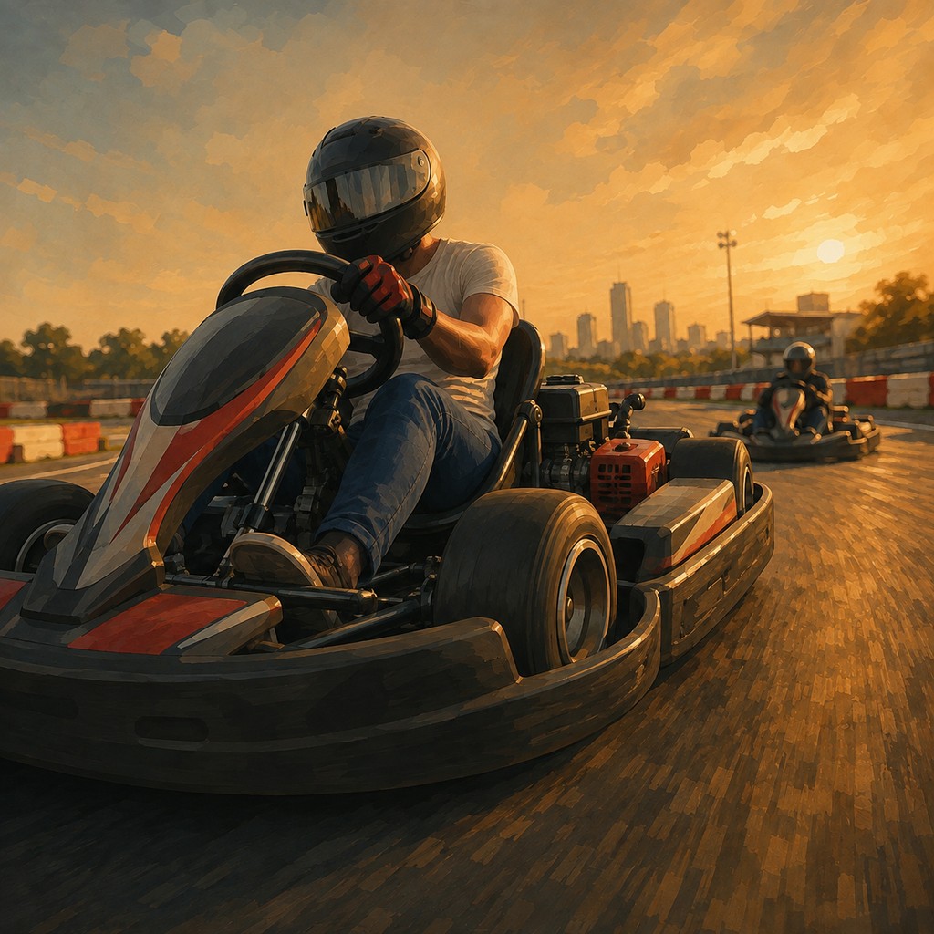 A driver racing a go-kart around a commercial outdoor track at sunset.