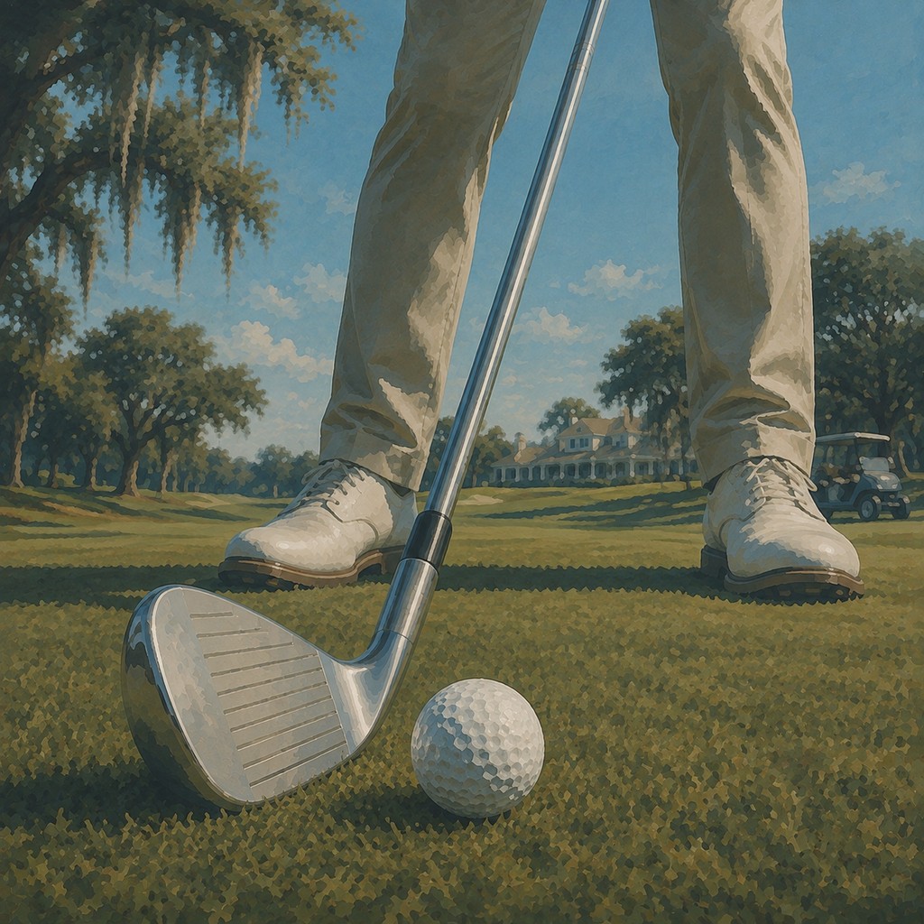 A golfer addressing the ball on a Southern low-country course.