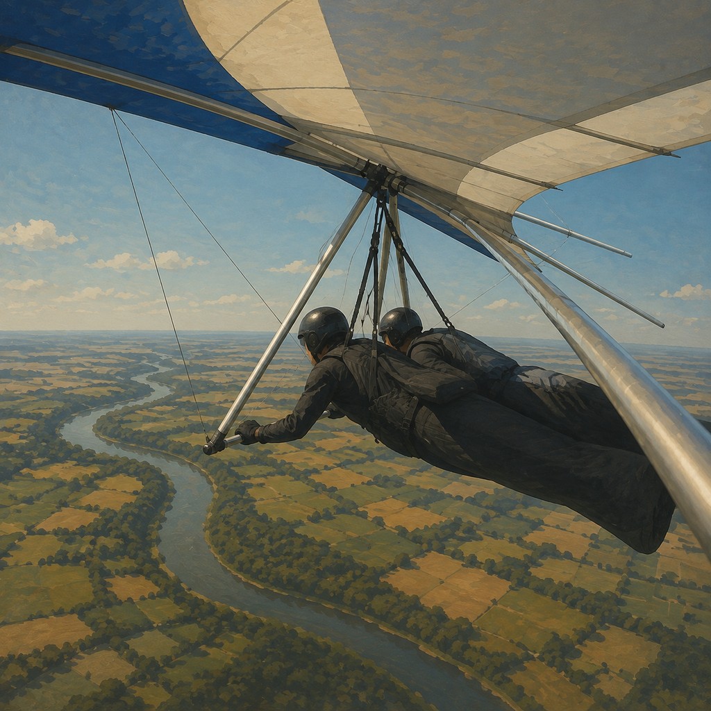 A tandem hang-gliding flight above farmland and a winding river.