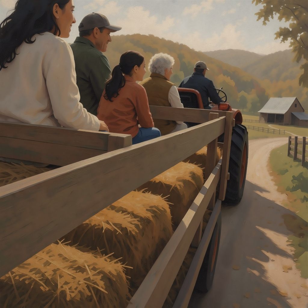 Family and friends enjoying a tractor-pulled hayride.