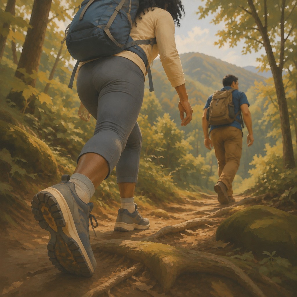 Hikers walking an Appalachian forest trail