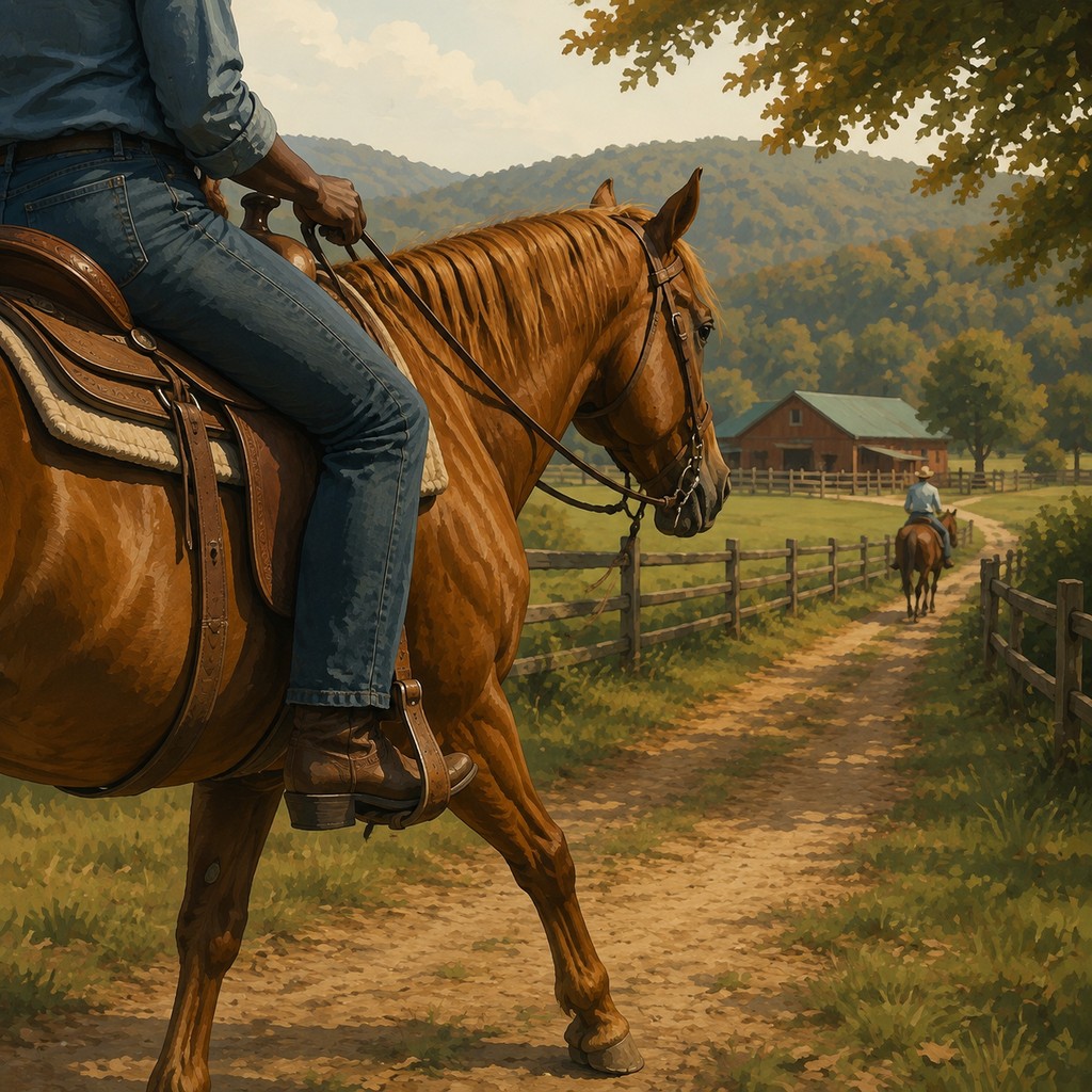 A rider following a guide from a country ranch into the Appalachian foothills.