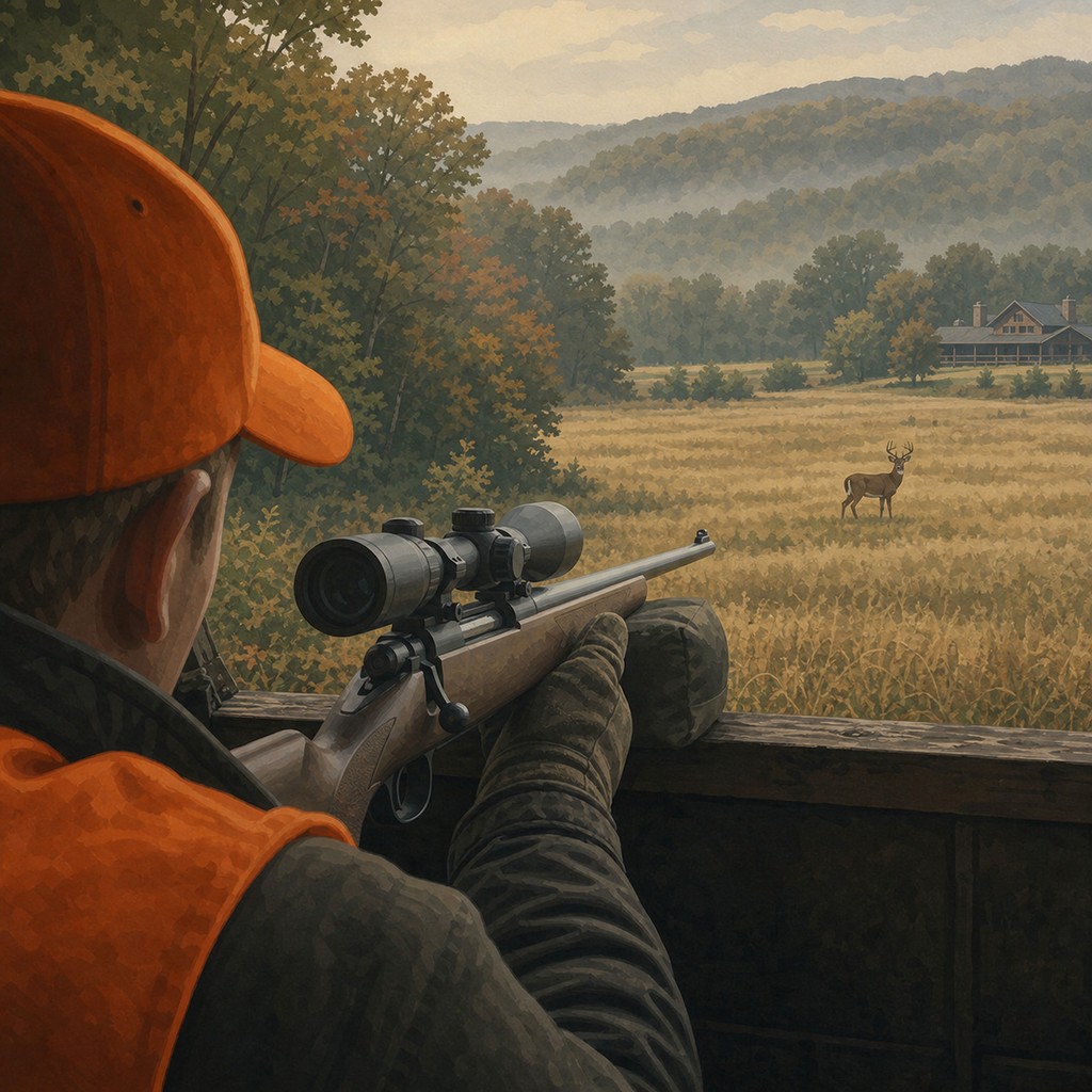 A hunter observing a distant white-tailed buck from a managed Appalachian preserve.