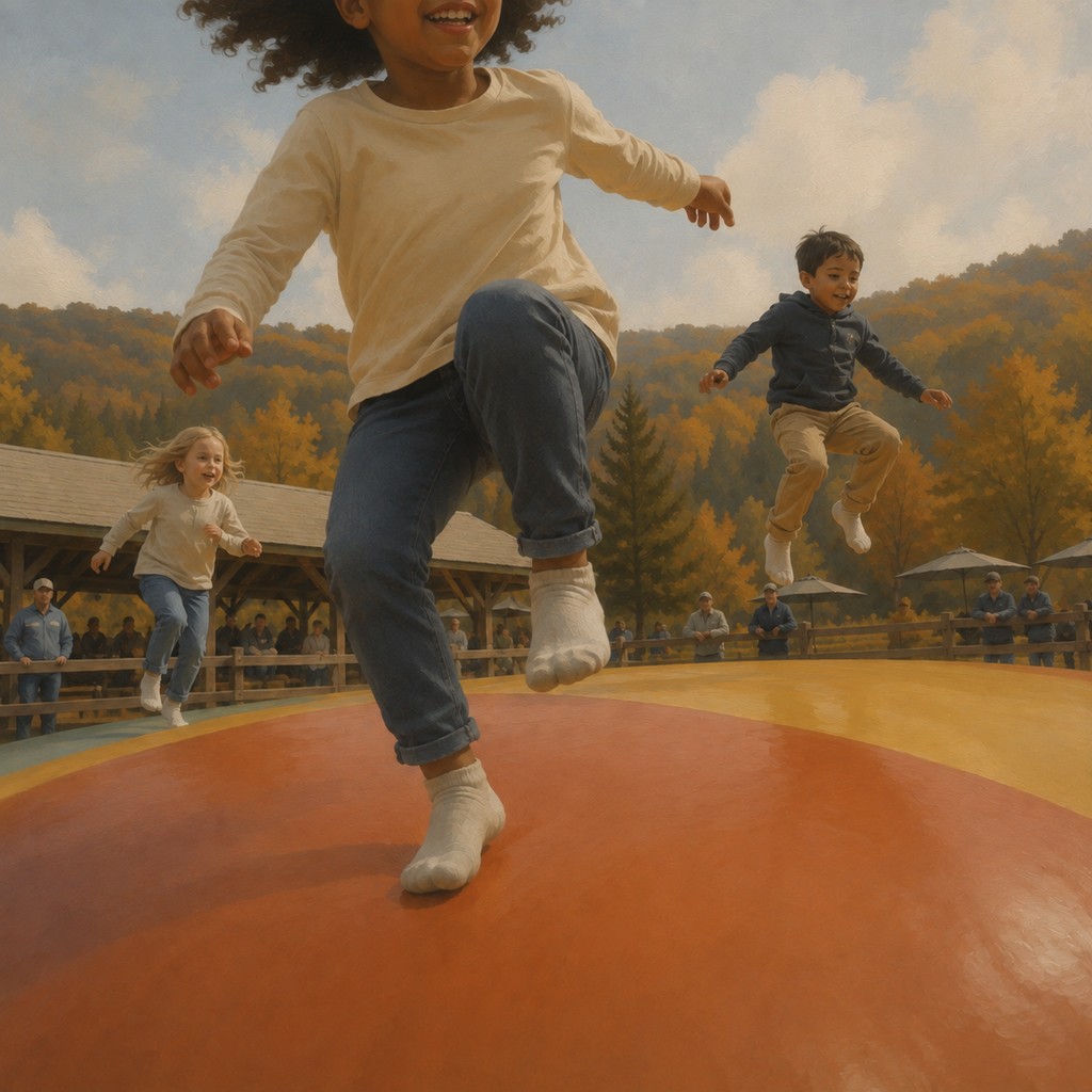 Children enjoying an outdoor jumping pillow at an Appalachian family attraction