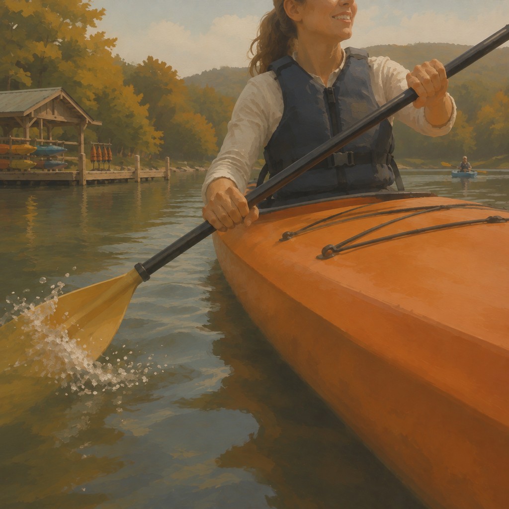 Kayaker paddling beside a recreational outfitter on an Appalachian lake