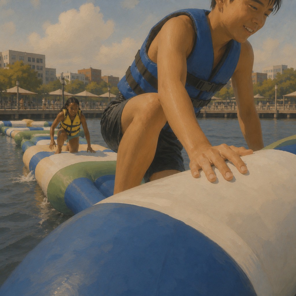 Guests climbing a floating inflatable obstacle course at a city-edge lake water park