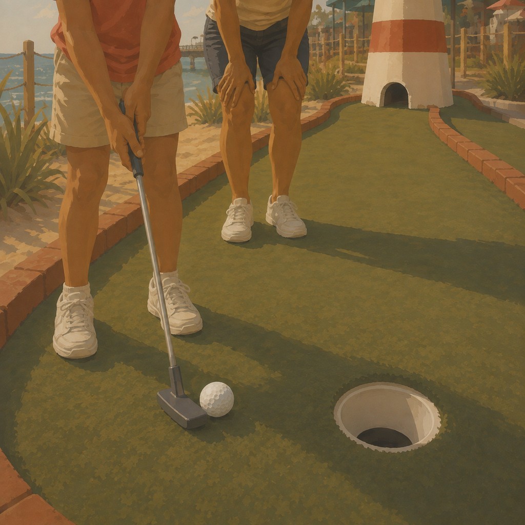 Mother and daughter playing mini golf at a seaside course